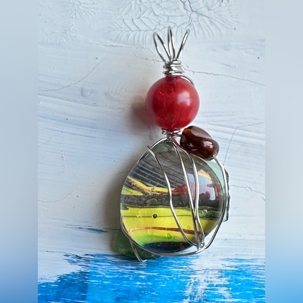 Art Glass Pendant Hand Painted Cabochon, Beaded, Wire Wrapped Handmade  4226 Y